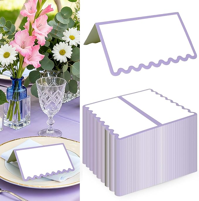 150 PCS Purple Scalloped Place Cards 2 x 3.5 Inch Blank Tented Place Card Name Cardstock Seat Assignment Label Card Reserved Table Signs Seating Signs for Birthday Party Wedding Setting