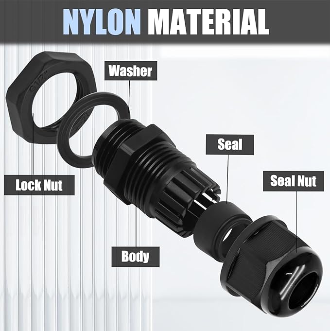 25 Pcs Nylon Cable Glands, PG7 PG9 PG11 PG13.5 PG16 Strain Relief Cable Cord Connector IP68 Waterproof Junction Box Wire Protectors Adjustable for 3-13mm Cable Diameter