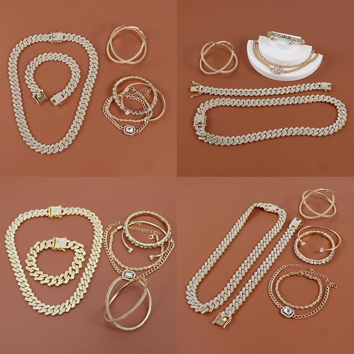 Hip Hop Cuban chain full Diamond necklace Rhinestone bracelet bracelet Gold and Silver women's Jewelry Women's earrings bracelet sets