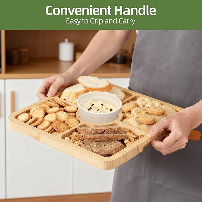 YANG Charcuterie Board with Lid, Divided Bamboo Serving Tray with Leak-Proof Locking Lid, Serving Platter Dish for Housewarming Party Gift Ready (5 Compartments,Square)