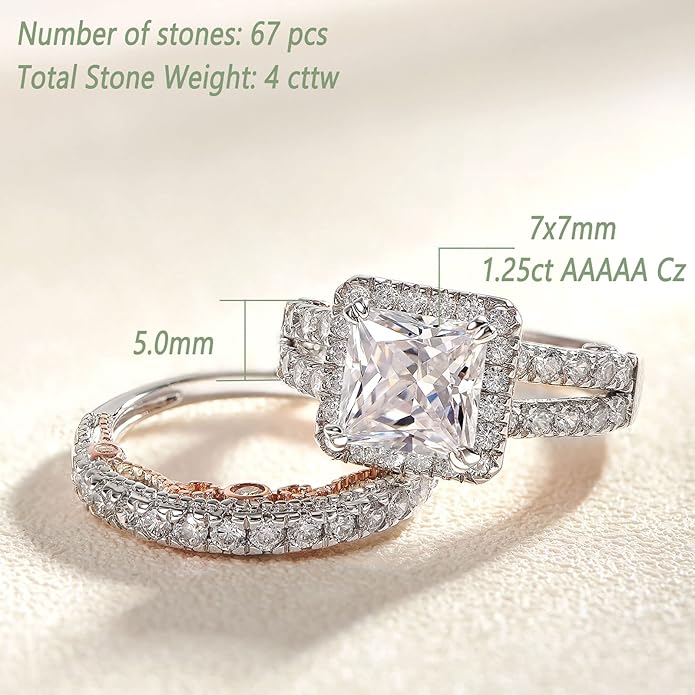 Wuziwen Princess Cut Engagement Rings for Women Sterling Silver Cubic Zirconia Wedding Bridal Ring Set