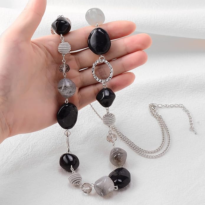 BULINLIN Beaded Long Necklace for Women Silver Sweater Chain Necklace with Crystal Resin Beads, Fashion Jewelry Necklace