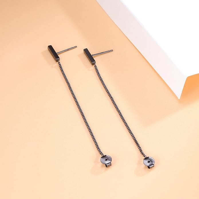 Reffeer Solid 925 Sterling Silver Stud Earrings Minimalist Bar Earrings with Chain Dangle Earrings For Women