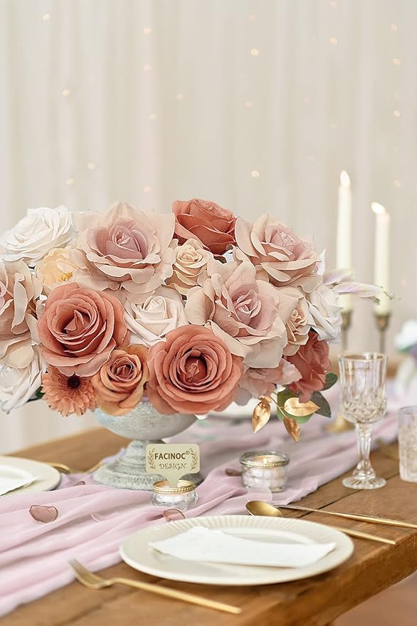 Roses Artificial Flowers Bouquet Combo Box Set for DIY Wedding Centerpieces for Table Bridal Baby Shower Party Decorations Fake Silk Floral Arrangements for Home Decor Indoor Peach Pink