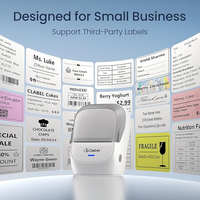 CLABEL Thermal Label Maker Machine: 221B Bluetooth Label Maker Mini Sticker Printer Barcode Printer Inkless Label Maker Compatible with Clothing Price Labeling with 1 Roll of 50x30mm Label(Gray White)