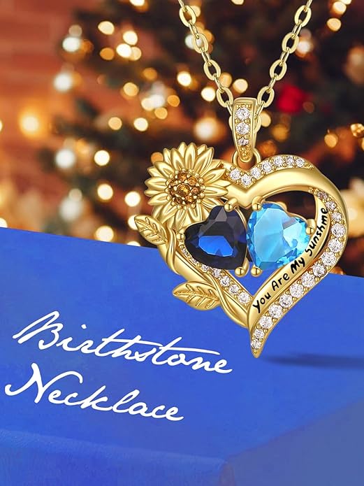 Sunflower Heart Necklace for Women 14K Gold Exquisite Valentines Day Anniversary Birthday Gifts for Wife Mother Her Double Birthstone Pendant Jewelry‘You Are My Sunshine’