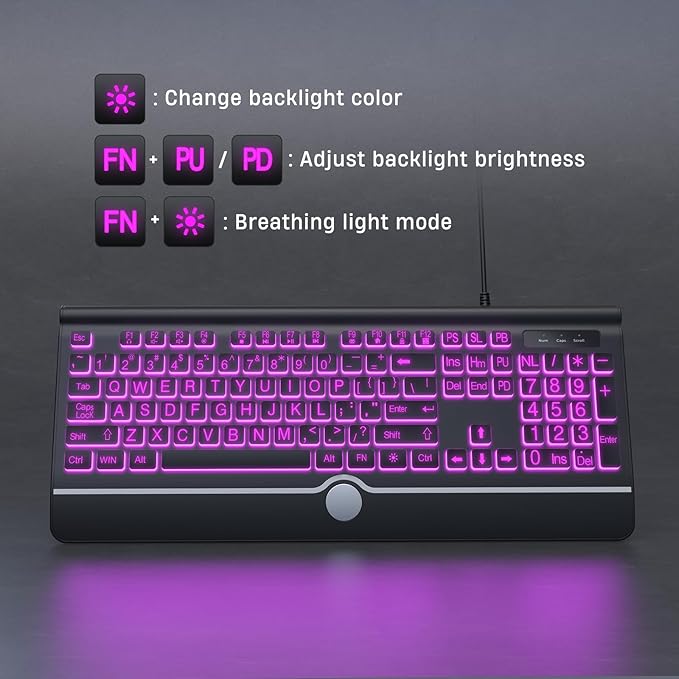 Large Print Backlit Computer Keyboard, USB Full Size Wired Keyboards with 7-Colors Backlight, Wrist Rest, Light Up Keyboard for Windows, PC, Laptop - Easy to See, Easy to Setup