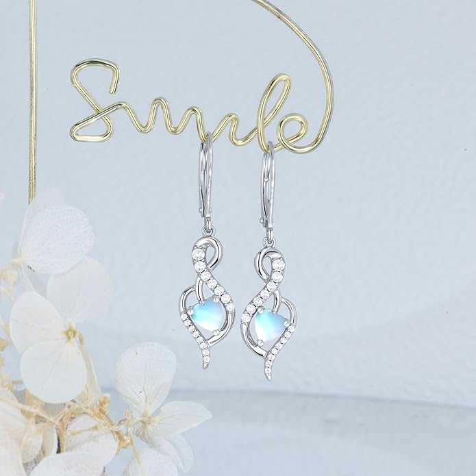 Infinity Heart Dangle Drop Earrings for Women, 925 Sterling Silver Birthstone Leverback Earrings, Birthday Anniversary Valentines Day Jewelry Gifts for Women Mom Her