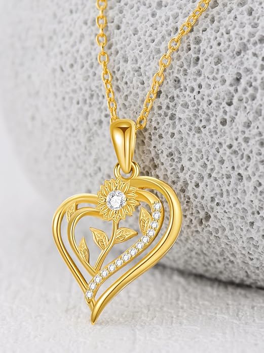14K Solid Gold Rose Flower/Sunflower Necklaces for Women Flower Heart Pendant Necklace Love Sunshine Jewelry Anniversary Valentine's Day Birthday GiftS for Women Wife Girlfriend Her Mom