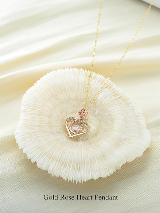 14K Solid Gold Rose Flower/Sunflower Necklaces for Women Flower Heart Pendant Necklace Love Sunshine Jewelry Anniversary Valentine's Day Birthday GiftS for Women Wife Girlfriend Her Mom