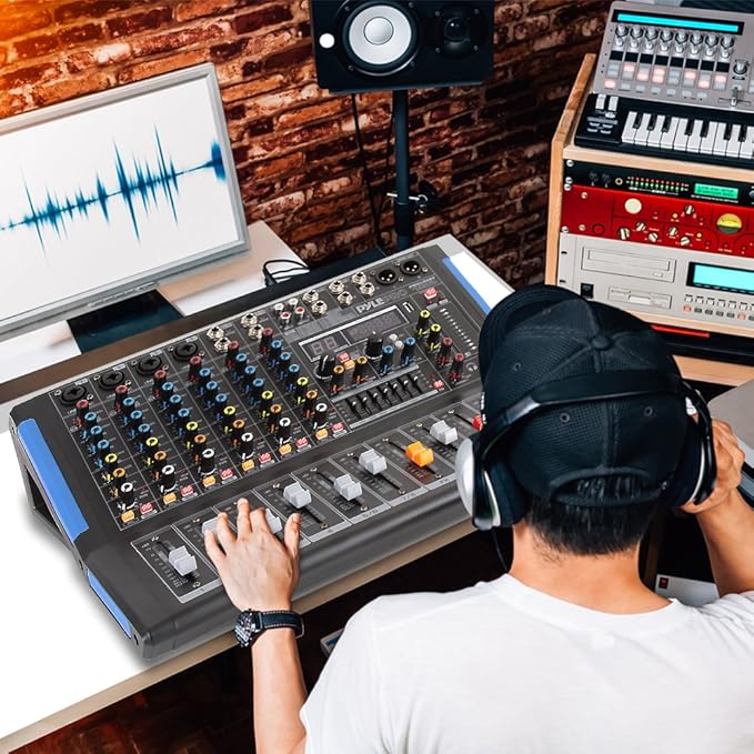 Pyle 8-Channel Bluetooth Studio Audio Mixer- DJ Sound Controller Interface w/ USB Drive for PC Recording Input, XLR Microphone Jack, 48V Power, RCA Input/Output for Professional & Beginners- PMXU88BT