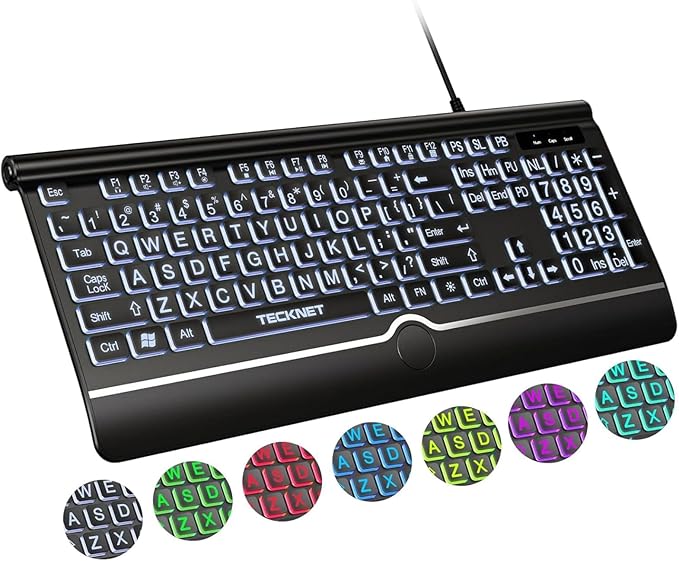 TECKNET Large Print Backlit Keyboard, Wired USB-A Computer Keyboard with Wrist Rest, 7-Color Backlit, Oversized Letter Keys Easy to See, Plug-and-Play, Silent, Foldable Stands for Windows/PC/Laptop