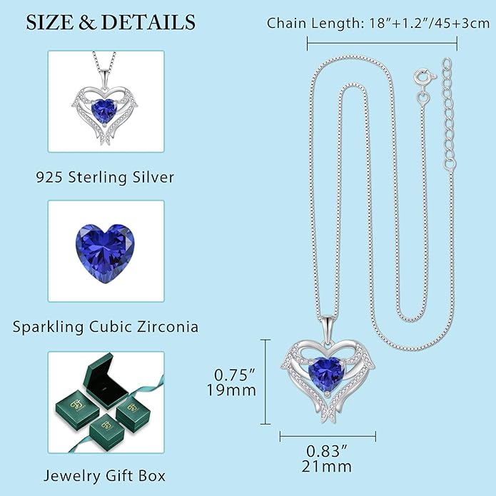 FJ Heart Angel Wings Pendant Necklace 925 Sterling Silver Birthstone Jewelry Gifts for Women