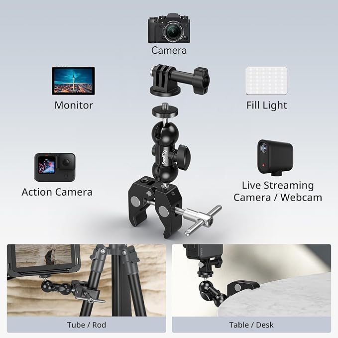 SMALLRIG Super Camera Clamp Mount 2-Pack, Double Ball Head Magic Arm Adapter, Fence/Desk/Tripod Mount for Monitor/Light/Camera, for Insta360, for Gopro, for Osmo Pocket 3, 5321