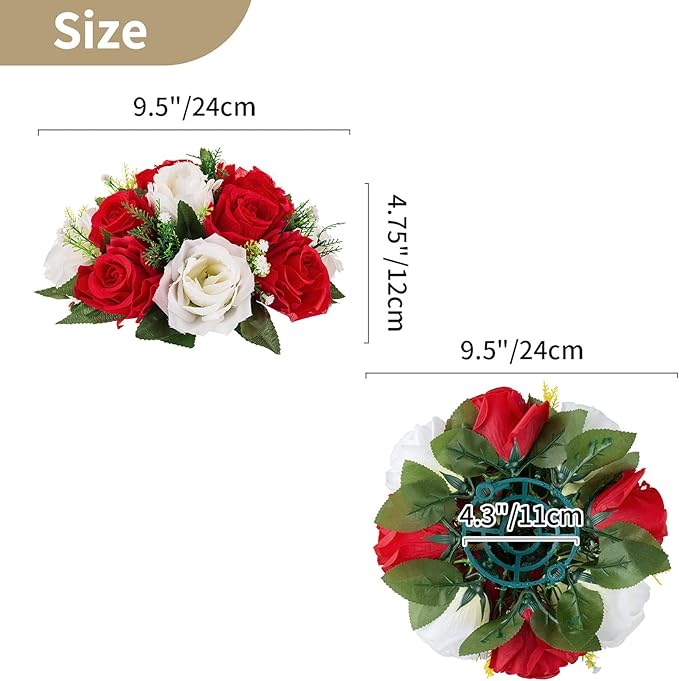 NUPTIO Pcs of 6 Fake Flower Ball Arrangement Bouquet,15 Heads Plastic Roses with Base, Suitable for Our Store's Wedding Centerpiece Flower Rack for Parties Valentine's Day Home Décor (Red & White)