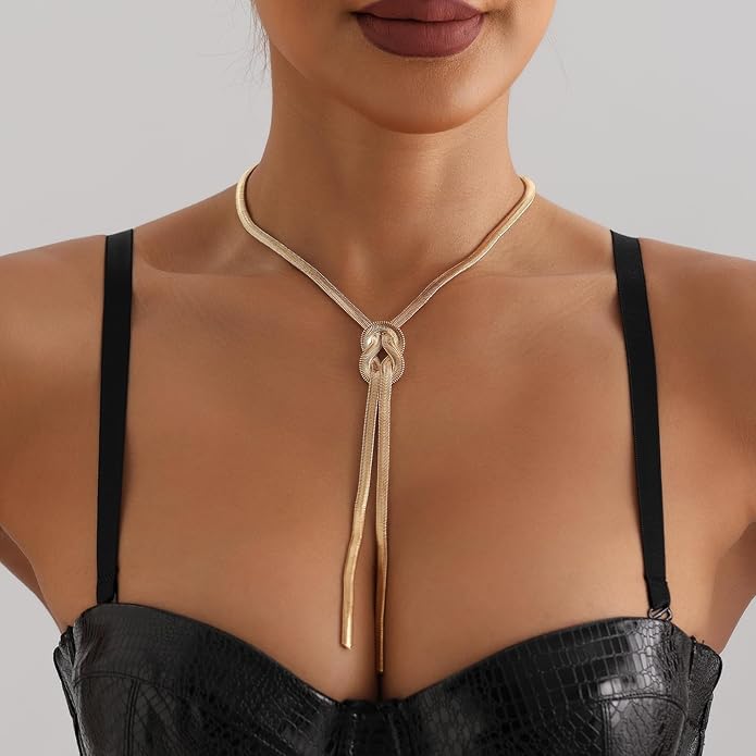 PLOUTOS Chunky Gold Knot Choker Necklace for Women Adjustable Double Snake Chain Design Bold Statement Fashion Jewelry Accessory For Party Daily Wear Gift