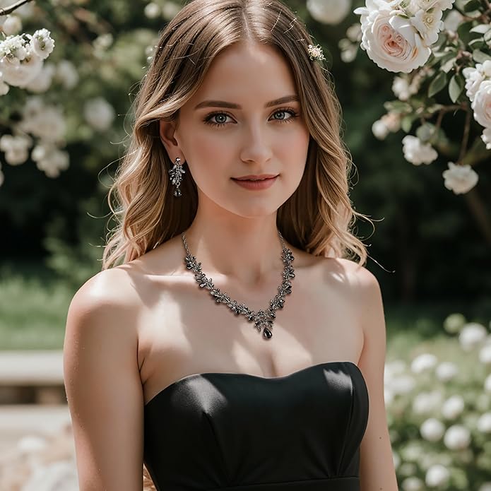 BriLove Women's Wedding Jewelery Set Leaf Flower Crystal Teardrop Marquise Cluster Pendant Necklace Dangle Earrings for Bridal Party