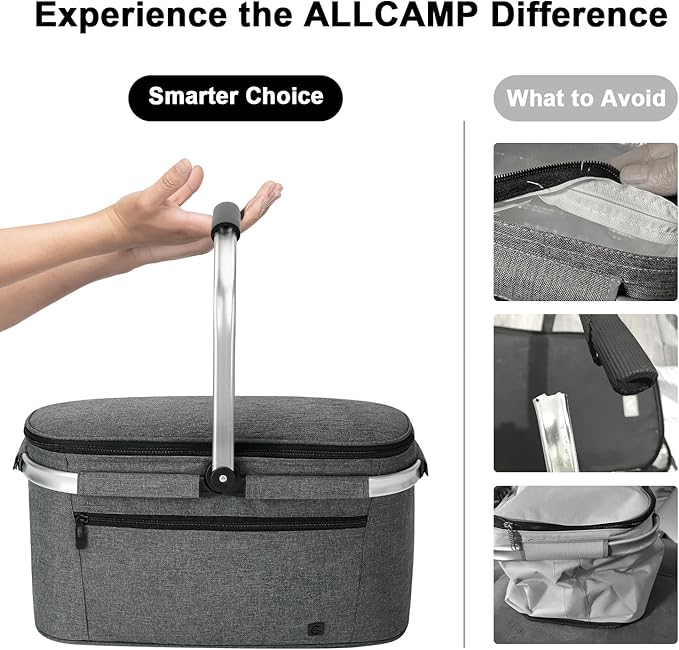 ALLCAMP Picnic Basket - 32L Insulated Cooler, Thickening Foldable Picnic Basket with Removable Baskets & Sewn-in Frame, Basket for House Warming Gifts New Home(Gray)