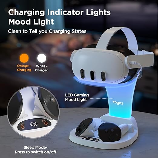 YOGES Charging Dock for Meta Quest 3S, Quest 3 Fast Charging Station with 2 Rechargeable Batteries kit, VR Heatset Charging Stand Dock for Oculus Quest 3/ Quest 3S Accessories, Support Elite Strap