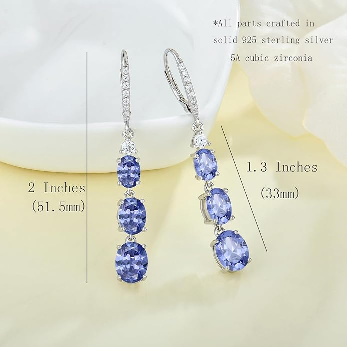 Women 925 Sterling Silver Birthstone 3-stone Leverback Drop Dangle Earrings 5A Cubic Zirconia Jewelry for Her
