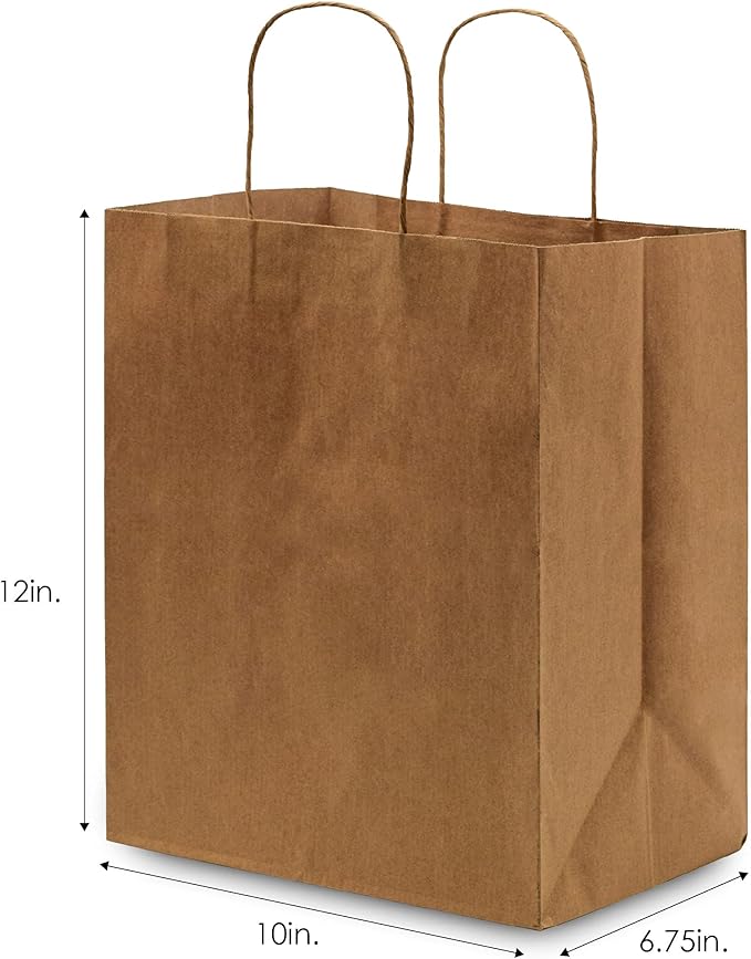 Prime Line Packaging Brown Paper Bags, Medium Shopping Bags with Handles for Small Business, To Go Food, Grocery, Retail, Party Favors, 10x6.75x12, 50 Pack