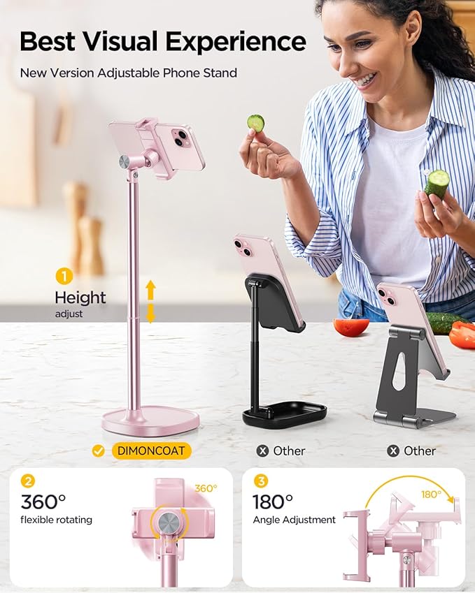 DIMONCOAT Phone Stand for Desk, Angle Height AdjustablePhone Holder for Desk, Aluminum Alloy Universal iPhoneStand Holder, Retractable Cell Phone Stand Recording Office for iPhone 16 15 Pro Max -Pink
