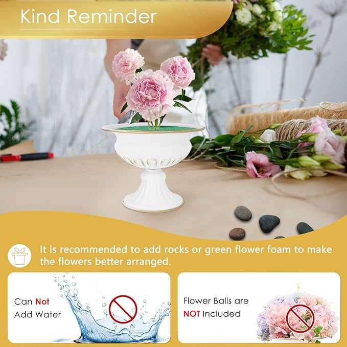 White Wedding Vases for Centerpieces: Small Flower Vase for Tables - 5 Inch Metal Compote Bowl Urn Pedestal for Party Anniversary Event Home Decor Set of 2