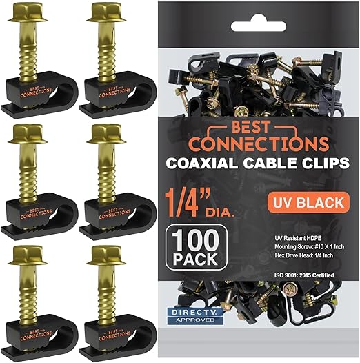 BEST CONNECTIONS Coaxial Cable Clips with Pre-Inserted Screw (1,000 Pack) – Black Single Cable Mounting Clamps for Coax Cable (RG6, RG59) and Ethernet Cable – Cord Fastener/Strain Relief Clip