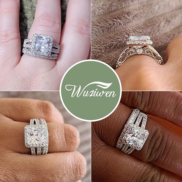 Wuziwen Princess Cut Engagement Rings for Women Sterling Silver Cubic Zirconia Wedding Bridal Ring Set