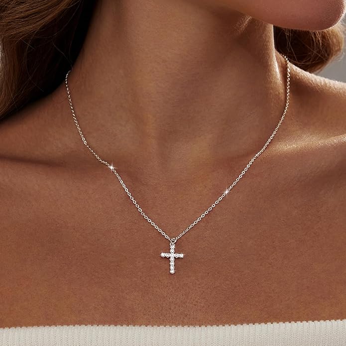 Zeffy Cross Necklace for Women,18K Gold/Silver Plated Tiny Cubic Zirconia Cross Pendant Necklace for Women Simple Layered Cross Necklaces for Women