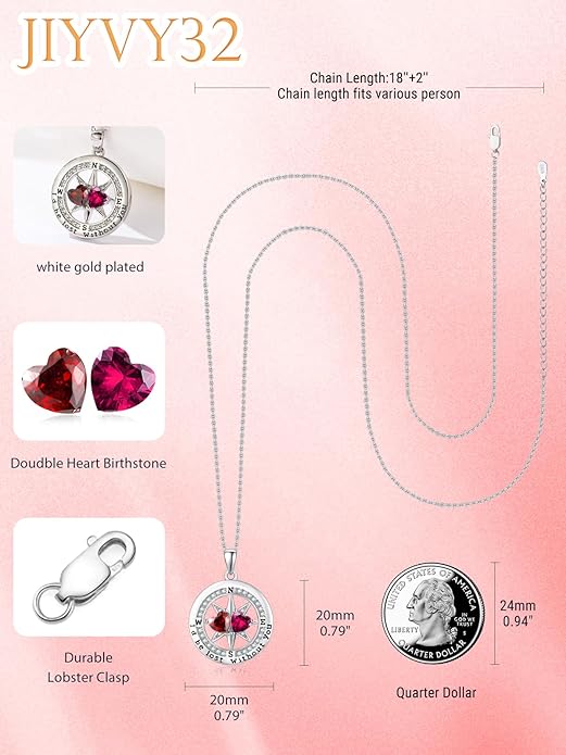 Compass Necklace for Women, Exquisite S925 Valentines Day Anniversary Birthday Gifts for Wife Her Double Birthstone Pendant Jewelry ‘I'd be Lost Without You’