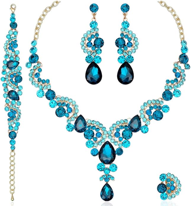 CSY Elegant Crystal Necklace Earrings Bracelet Ring Bridal Wedding Party Costume Jewelry Sets for Brides Women
