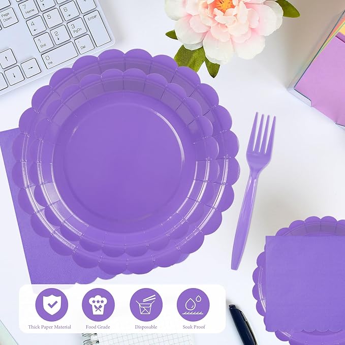 96PCS Lavender Paper Plates and Napkins, 24 Guest Light Purple Disposable Tableware Set Include Scalloped Paper Plates Napkins and Forks Decoration Party Supplies for Birthday Wedding Baby Shower