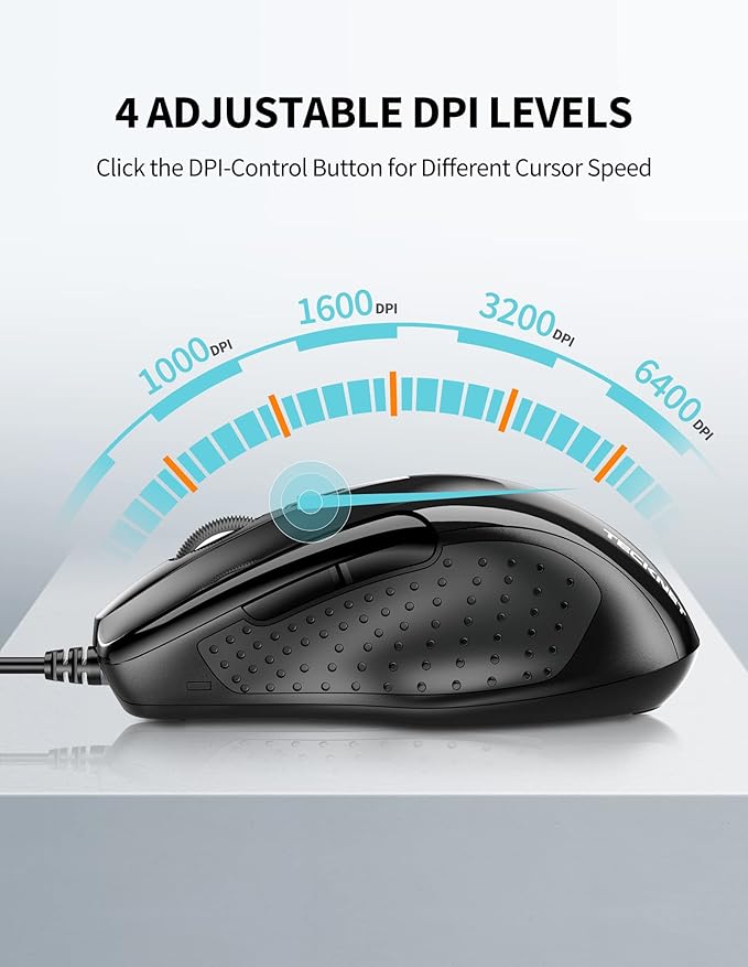 TECKNET USB Wired Mouse, 6-Button Corded Mouse with 4 Adjustable DPI, Optical Computer Mouse with Ergonomic Design and 5FT Cord for Laptop, Chromebook, PC, Desktop, Mac, Notebook-Black
