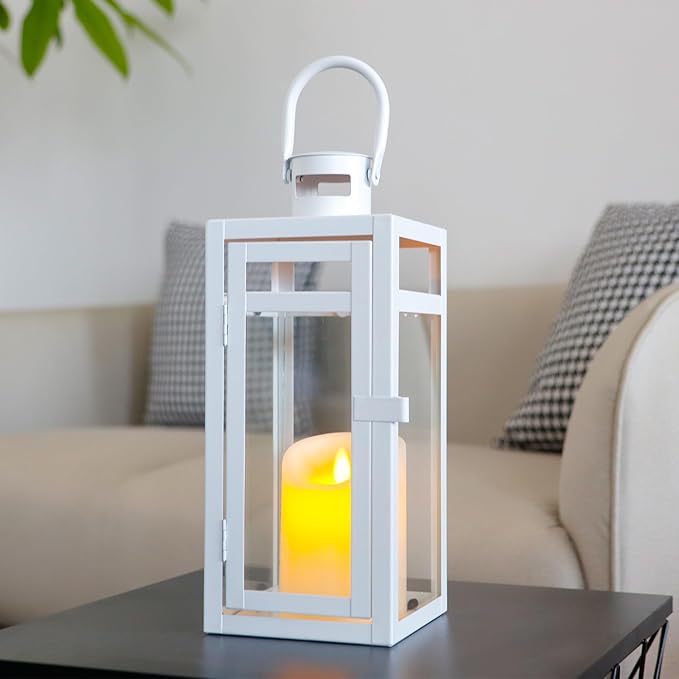 TRIROCKS Set of 2 Decorative Candle Lantern 12'' High Metal Candle Holder with Tempered Glass Perfect for Home Decor Living Room Parties Events Tabletop Indoor Outdoor (White)