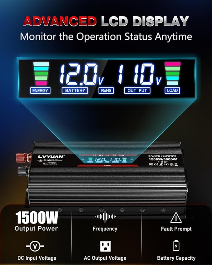 LVYUAN 1500W Car Power Inverter 12V to 110V DC to AC with 2 US Sockets, Cigarette Lighter, LCD Display, USB Ports for Car, Home, Truck, Outdoor, Camping