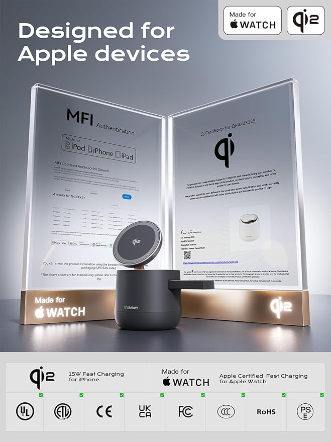 MFI Certified by Apple, 4 in 1 Magsafe Wireless Charging Station, Qi2 15W Magsafe Charger for iPhone 17/16/15/14/13/12 Series, iWatch, Airpods, iPad, 65W Charger Included (Black, 3 in 1)