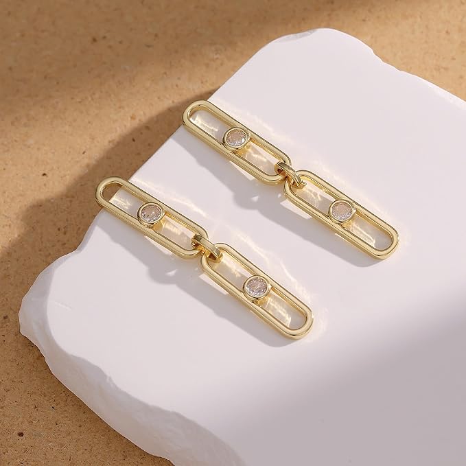 Gold Earrings for Women CZ Paperclip Drop Dangle Earrings, Sterling Silver Posts, Hypoallergenic Studs for Women Trendy Designer Jewelry