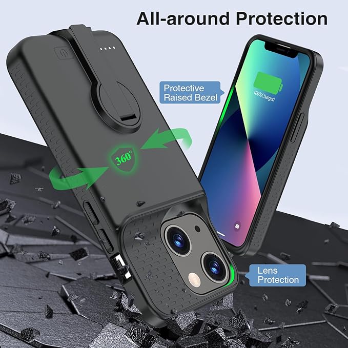 Battery Case for iPhone 13/13 Pro/14/14 Pro Charging Case with Stand 7000mAh Rechargeable Ultra-Slim Anti-Fall Protection Extended Charger Cover for iPhone 14/14Pro/13/13 Pro Battery Case 6.1" Black