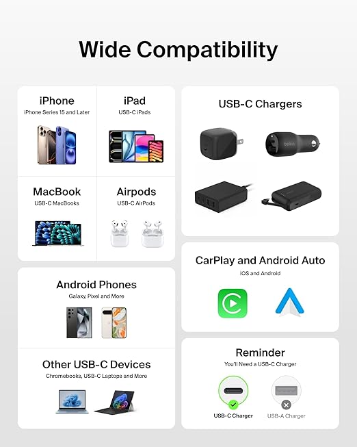 Belkin USB C to USB C Cable, 9.9ft, 60W - Type C Charger, iPhone Charger Cord, Soft, Braided, Flexible for iPhone 16, Galaxy S25, Pixel 9, Airpods, iPad Pro, Tablet & More, Travel Essentials - White