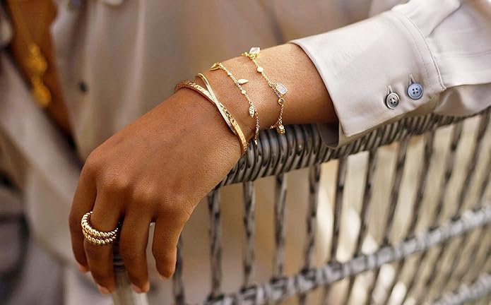 PERNNLA PEARL Dainty Gold Bar Bracelet for Women Simple Delicate Thin Cuff Bangle Hook Bracelet 18K Gold Plated Handmade Minimalist Jewelry