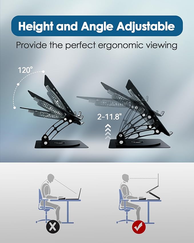 SHUWEI Gaming Laptop Cooling Pad with 360° Rotation Base, Ergonimic Aluminum Laptop Cooling Stand with 3 Speed Fan, Adjustable Height Laptop Cooling Pad for 10-17.3'' Notebook - Silver