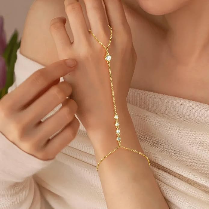 Hand Chain Bracelet, Adjustable Hand Jewelry Chain Bracelet with Ring, Trendy Gold Handchains Jewelry