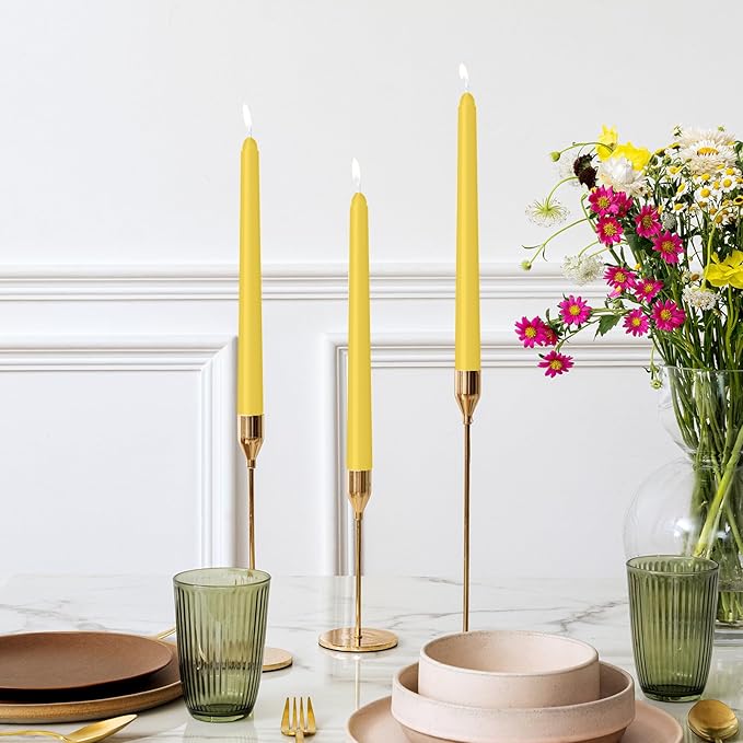 12 Pack Yellow Taper Candles - Taper Candles 10 Inch Dripless, Smokeless & Unscented - 8 Hours Long Burning - Ideal for Weddings, Dinner Parties, and Home Decor