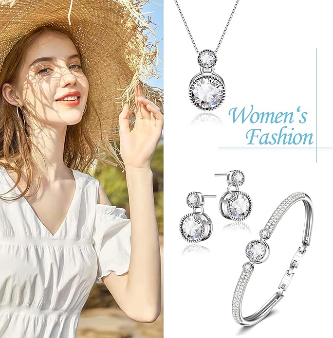 Ocean’s Promise Women Pendant Necklace Bracelet and Earring Jewelry Set 18K White Gold Plated with Crystal Gift for Women