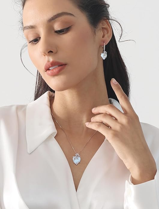 YL Heart Dangle Earrings for Women Sterling Silver Lily Flower Leverback Earrings Created Opal Flower Jewelry