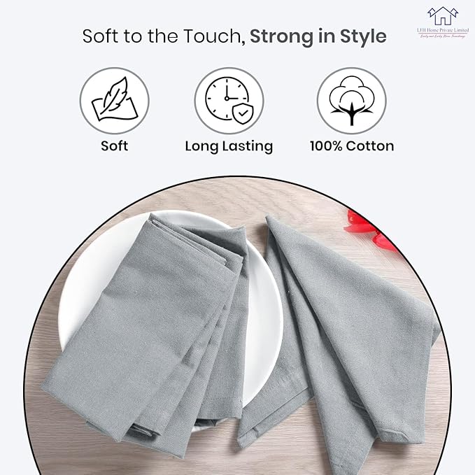 LFH Home Cotton Rich Metered Napkins for Dining Table Set of 12, Elegant Cloth Napkins for Wedding Party or Everyday Use Machine Washable Durable Reusable and Soft for Hosting 18x18 Inch - Ash Grey