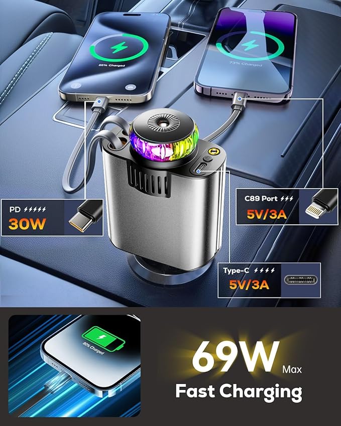 Retractable Car Charger with Air Freshener Diffuser & Star Lights,Multi Port Cigarette Lighter Adapter for iPhone Car Phone Charger USB-C/Type-C Fast Charging with 2 Retractable Cable,Car Aromatherapy