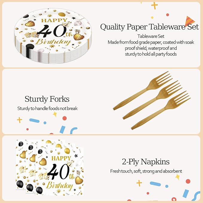 75PCS 40th Birthday Plates and Napkins Party Decorations, 7 Inch White and Gold Happy 40th Birthday Paper Dessert Cake Plates and Napkins Set Disposable Tableware Party Favors for Women Men