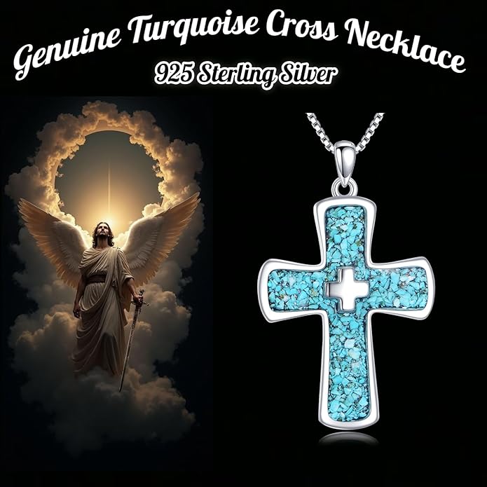RMREWY Genuine Turquoise Cross Necklace, Sterling Silver Native American Boho Western Vintage Pendant Religion Jewelry Birthdays Gift for Women